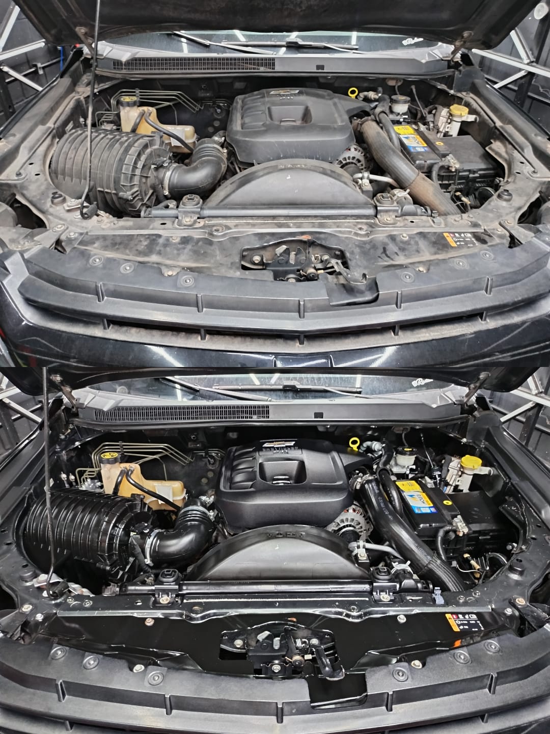 Antes e depois de lavagem detalhada de motor realizada pela Jusé Automotiva