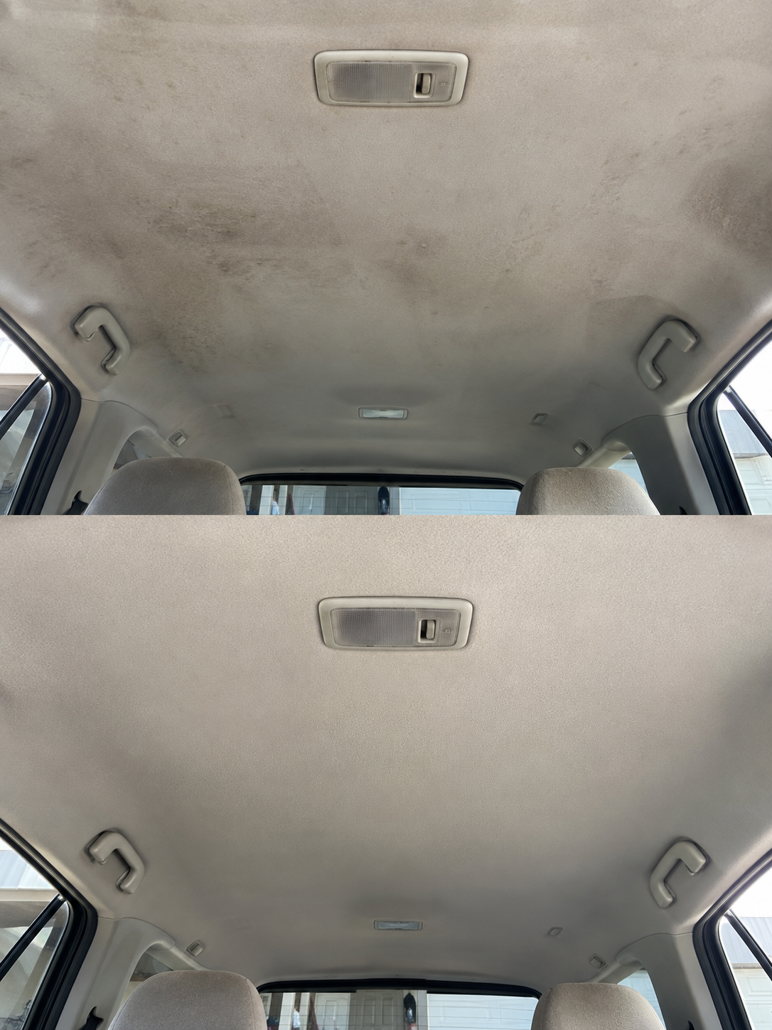 Imagem ilustrativa de antes e depois da limpeza do teto interno de um veículo