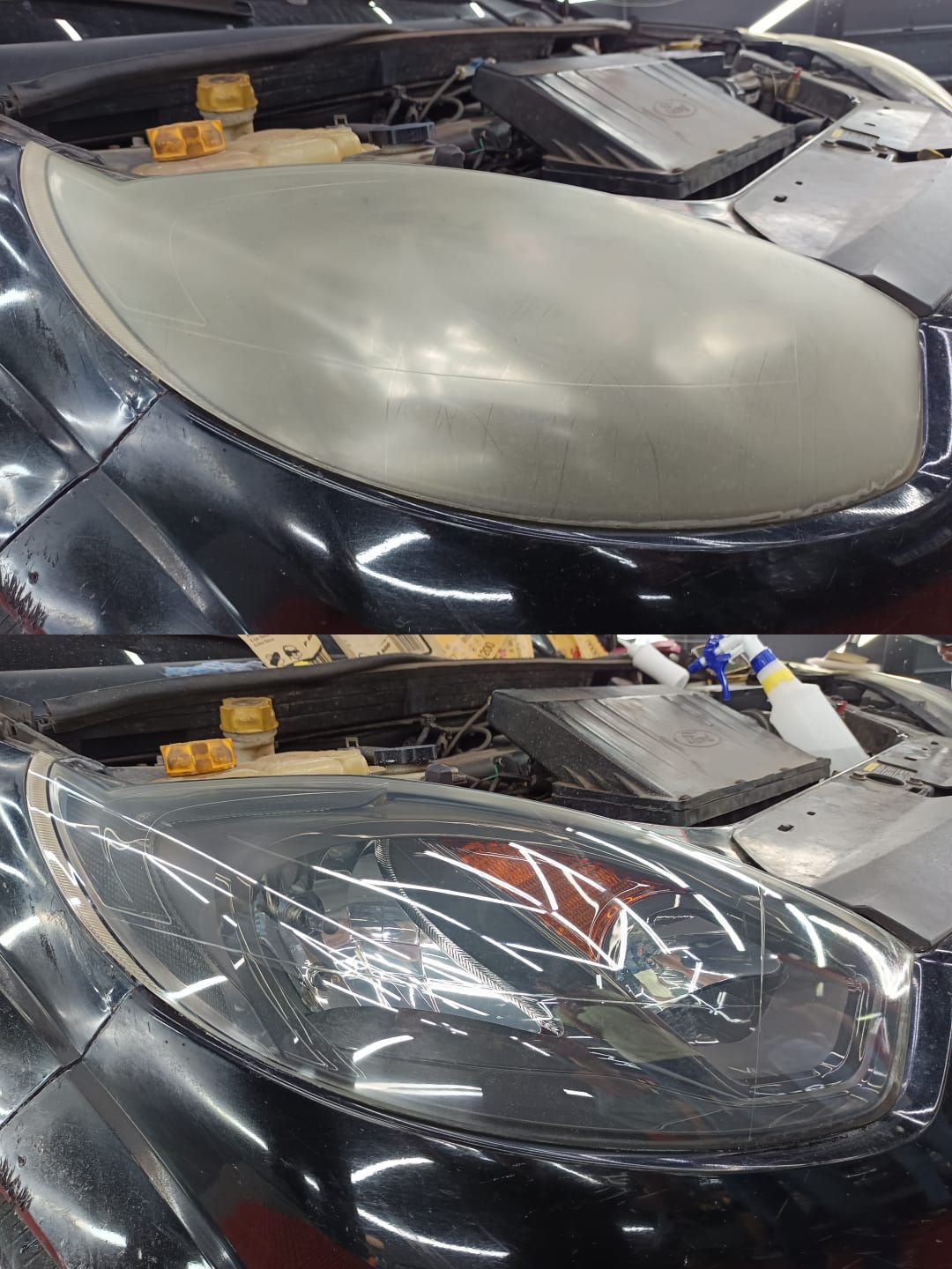 Antes e depois de polimento de farol realizado pela Jusé Automotiva