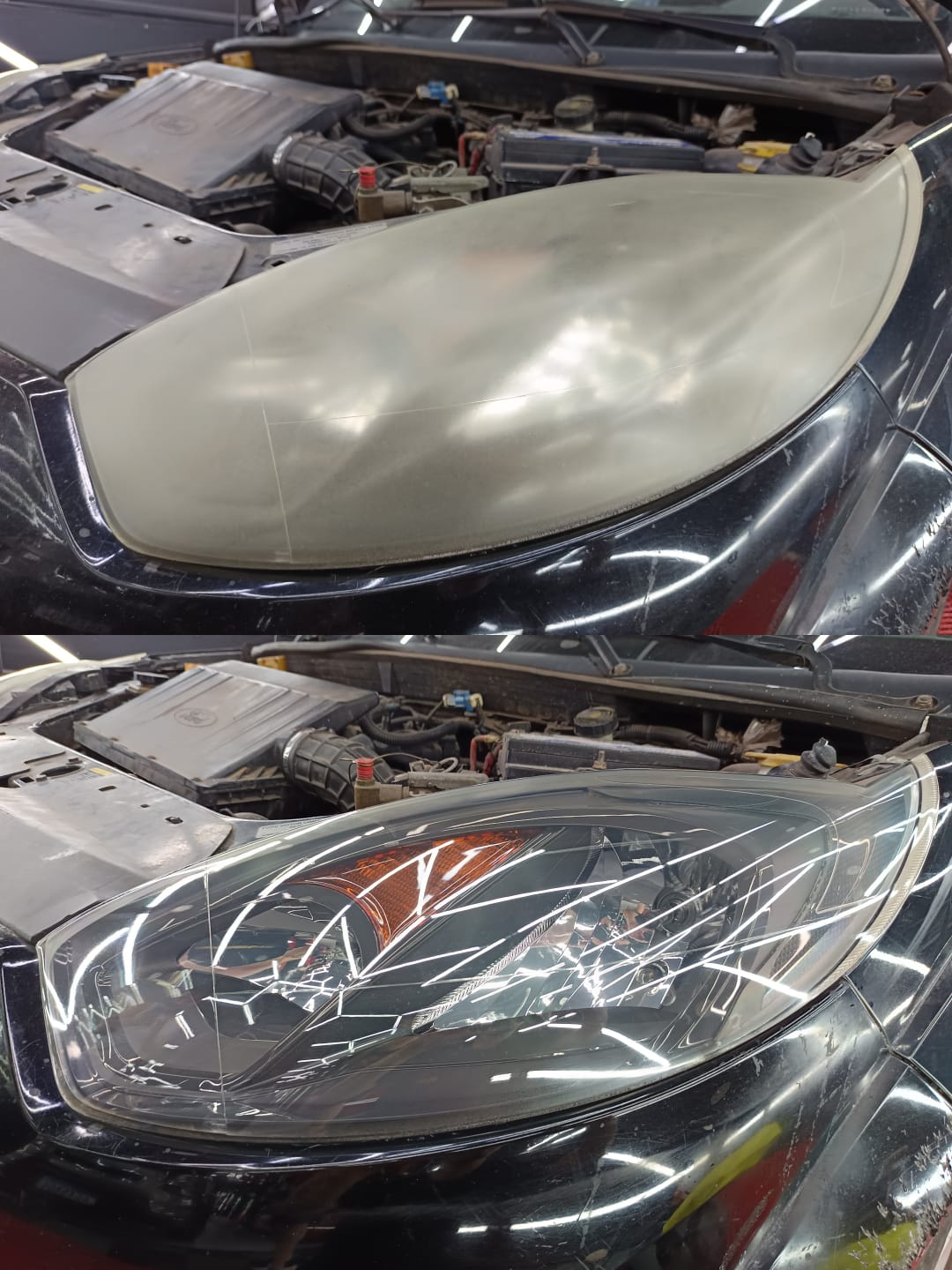 Segundo antes e depois de polimento de farol realizado pela Jusé Automotiva